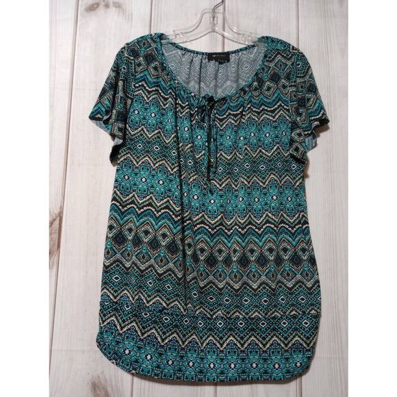 AB Studio Shirt Ladies Large Aquamarine Black Short‎ Sleeve Stretchy - Picture 1 of 6